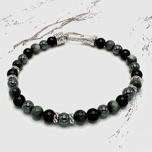 John Hardy Black Onyx & Hematite Gemstone Bead Sterling Silver Bracelet 8-1/4"
